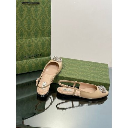 Xăng đan nữ da thật mũi tròn GC GG Gucci khoá double G đính đá lấp lánh