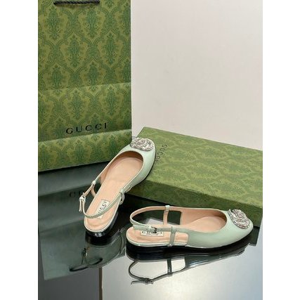 Xăng đan nữ da thật mũi tròn GC GG Gucci khoá double G đính đá lấp lánh