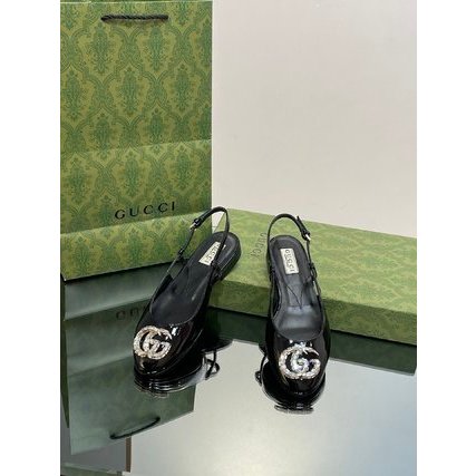 Xăng đan nữ da thật mũi tròn GC GG Gucci khoá double G đính đá lấp lánh