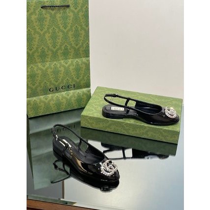 Xăng đan nữ da thật mũi tròn GC GG Gucci khoá double G đính đá lấp lánh