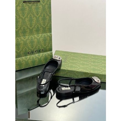 Xăng đan nữ da thật mũi tròn GC GG Gucci khoá double G đính đá lấp lánh