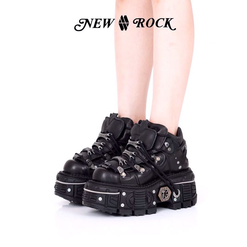 Giày da New Rock phối đinh tán lớn vòng xoắn vân lửa đế cao 7,5cm phiên bản nâng cấp FOOTMADE