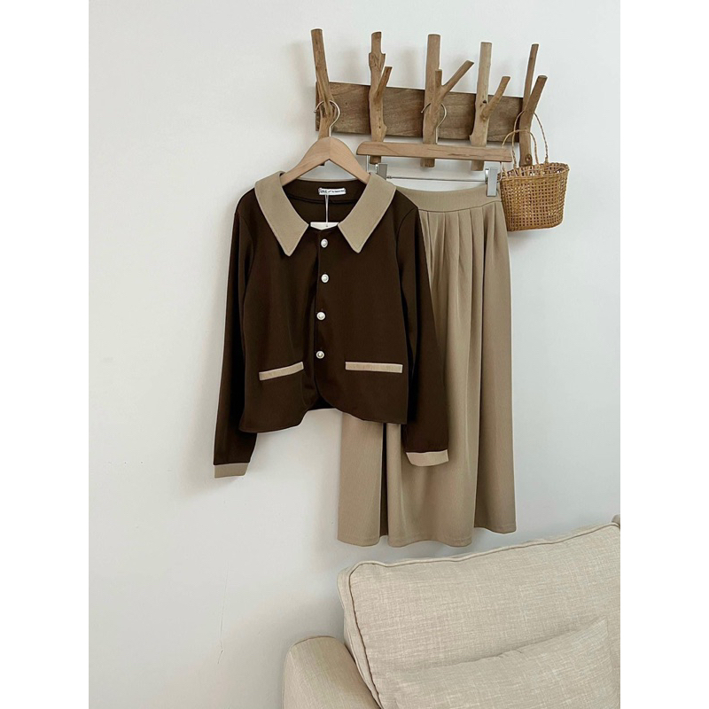 Set áo dài tay viền chân váy midi vintage siêu đẹp