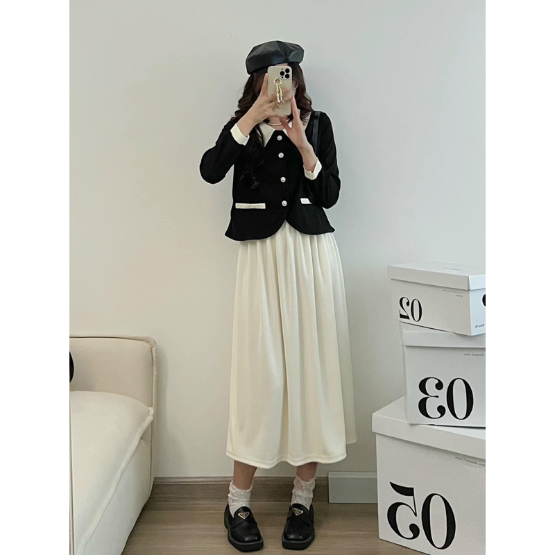 Set áo dài tay viền chân váy midi vintage siêu đẹp