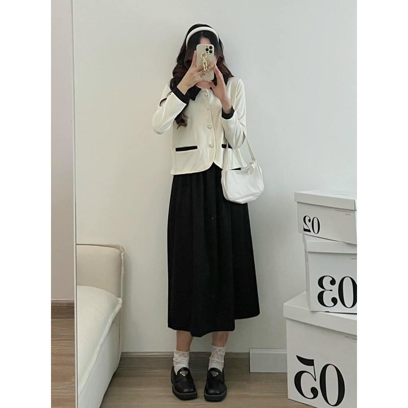 Set áo dài tay viền chân váy midi vintage siêu đẹp