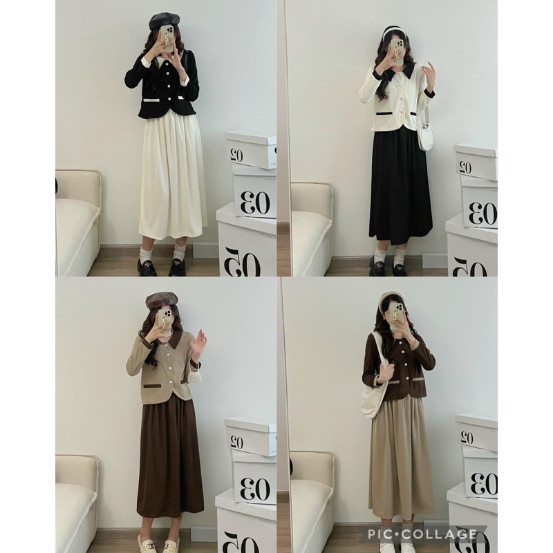 Set áo dài tay viền chân váy midi vintage siêu đẹp