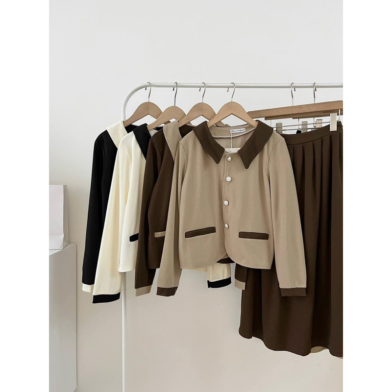 Set áo dài tay viền chân váy midi vintage siêu đẹp