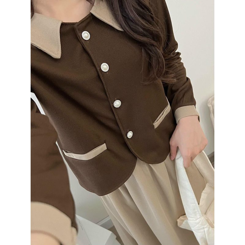 Set áo dài tay viền chân váy midi vintage siêu đẹp