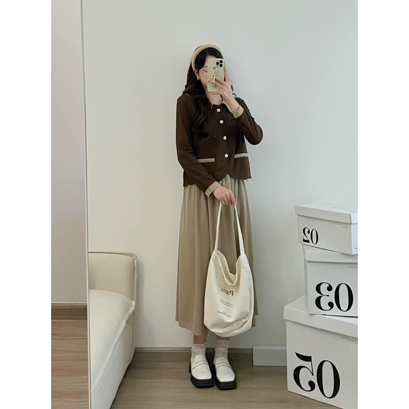 Set áo dài tay viền chân váy midi vintage siêu đẹp