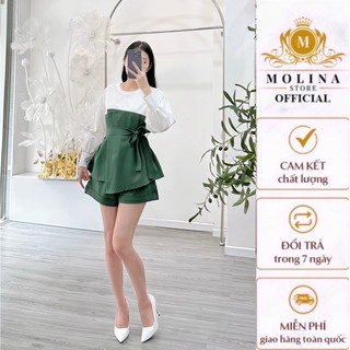 Set Áo Đắp Vạt Thiết Kế Molina Chất Lụa Cột Eo Tay Dài Kèm Quần Short