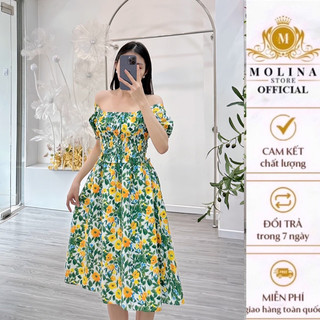 Đầm Hoa Thun Eo Thiết Kế Molina Chất Kate Hàn Dày Dặn Dáng Xòe Mặc Được 2 Kiểu