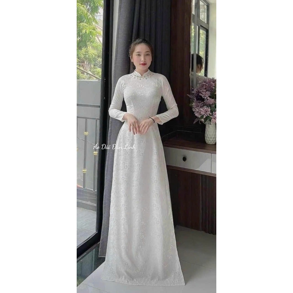 Áo dài gấm trắng  đính kết thủ công- Áo Dài Đan Linh