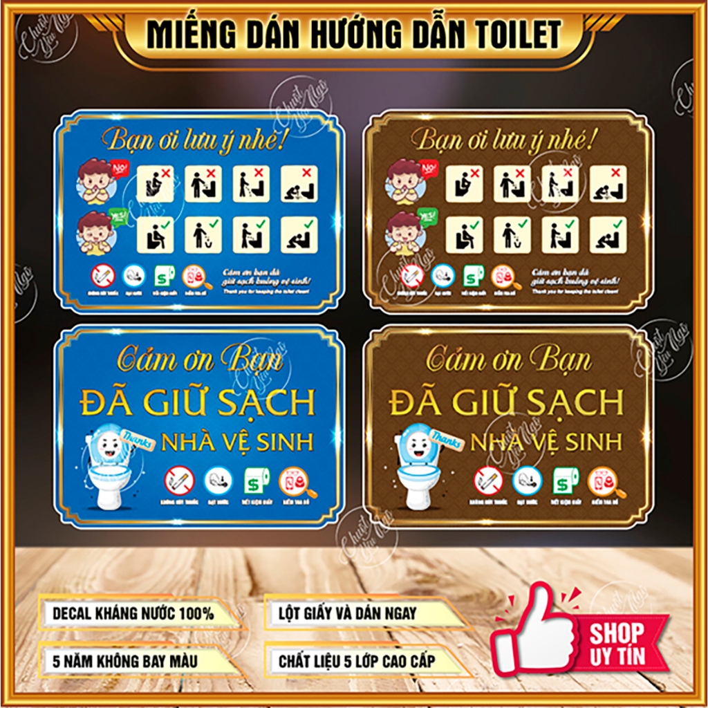 Bộ 2 miếng hình dán biển nhắc nhở hướng dẫn trong nhà vệ sinh decal stikcer cảnh báo toilet chống thấm nước