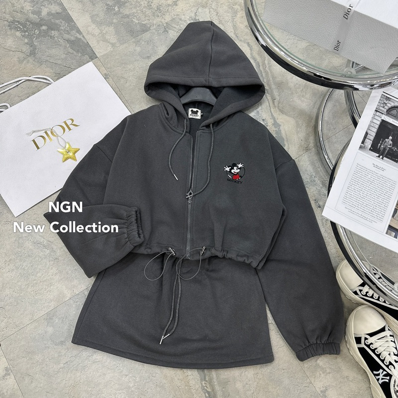 Sét áo khoác nỉ thêu hình mickey có mũ + chân váy chữ A