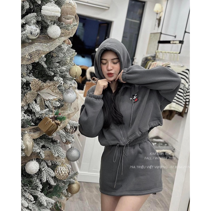 Sét áo khoác nỉ thêu hình mickey có mũ + chân váy chữ A