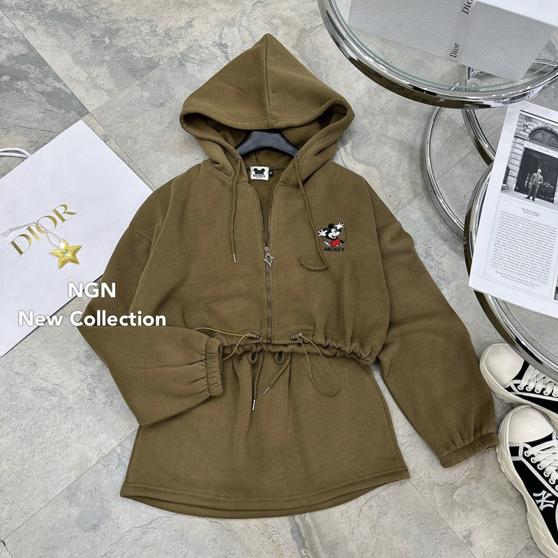 Sét áo khoác nỉ thêu hình mickey có mũ + chân váy chữ A