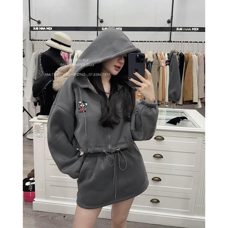 Sét áo khoác nỉ thêu hình mickey có mũ + chân váy chữ A