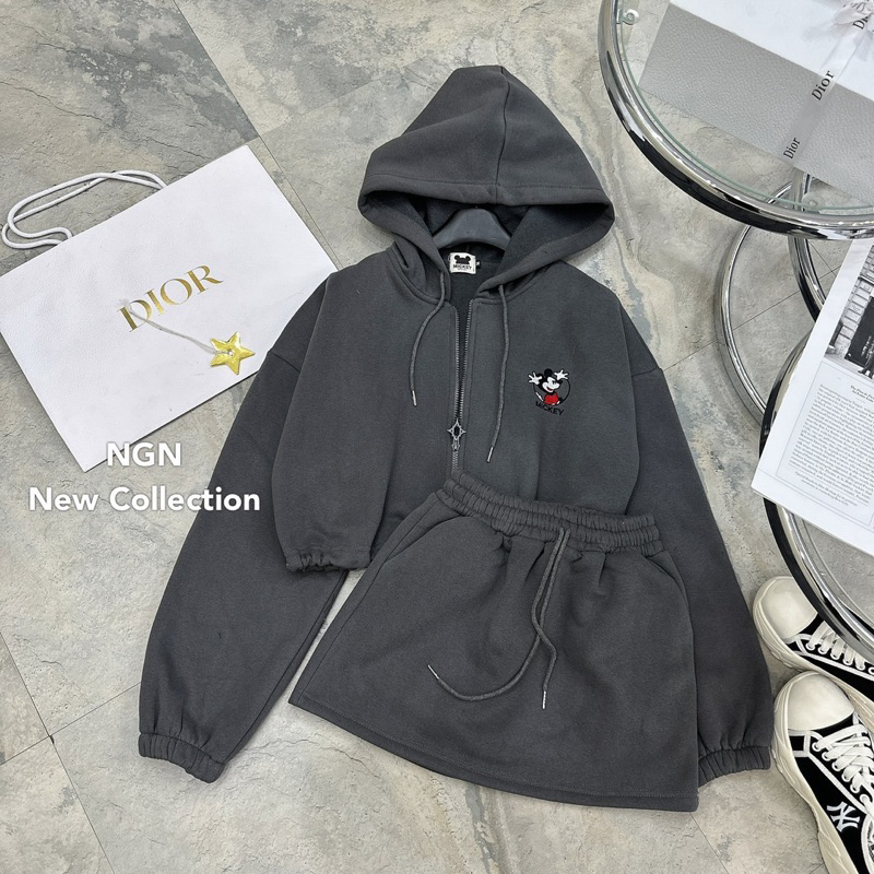 Sét áo khoác nỉ thêu hình mickey có mũ + chân váy chữ A