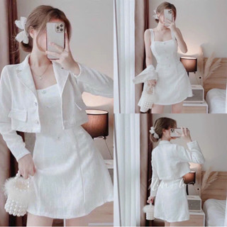 Set váy nữ thời trang mặc đi chơi, đầm 2 dây bản lớn đính nút mix kèm áo khoác tay dài chất Linen cao cấp