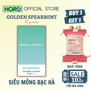 Bao cao su Siêu mỏng GOLDENTIME Spearmint Nhiều gel Kéo dài thời gian Hương bạc hà Size 52mm, Hộp 10 bcs