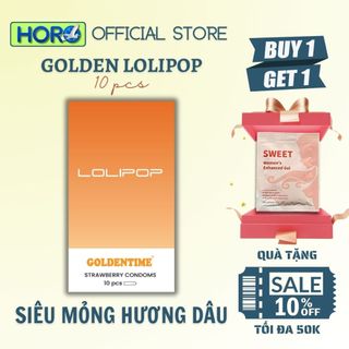 Bao cao su Siêu mỏng GOLDENTIME Lolipop Nhiều gel Kéo dài thời gian Hương dâu Size 52mm, Hộp 10 bcs
