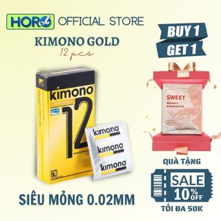 Bao cao su Kimono siêu mỏng 0.02 mm màu vàng Gold chứa vitamin B cấp ẩm bôi trơn, Hộp 12 bcs