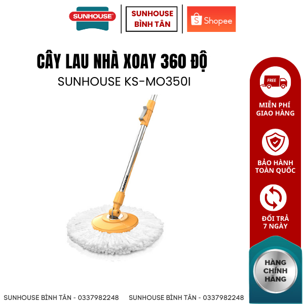 CÂY LAU NHÀ XOAY 360 ĐỘ SUNHOUSE KS-MO350I - Cán inox chắc chắn, bông thấm hút nước tốt