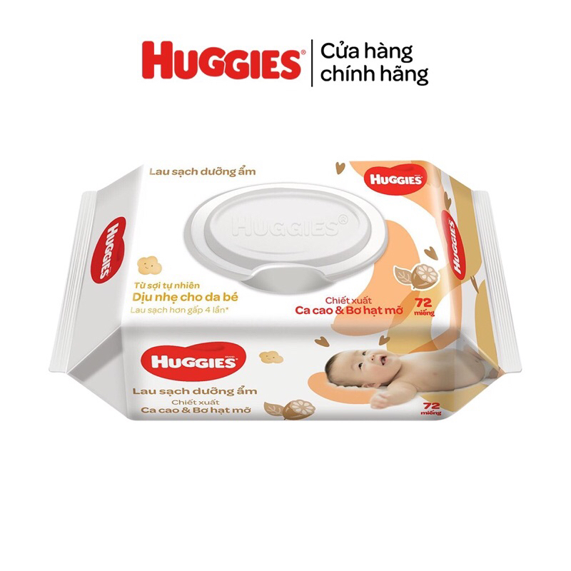 Thùng 12 gói Khăn ướt Huggies chiết xuất ca cao và bơ hạt mỡ 72 Tờ