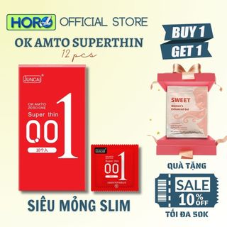 Bao cao su siêu mỏng Juncai 0.01 Okamto Super thin size 52 cực mỏng nhiều gel bôi trơn, hương vani, Hộp 10 bcs