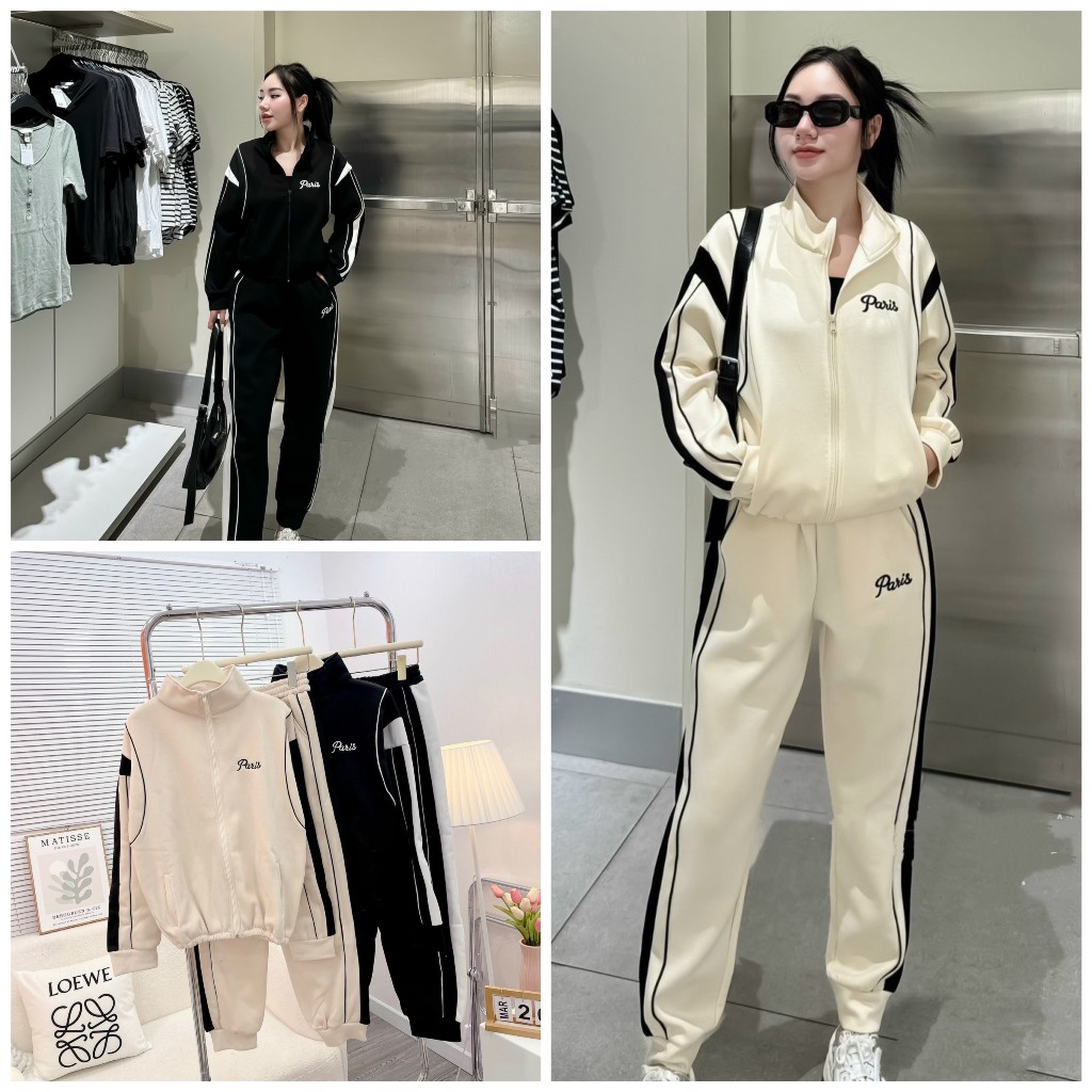 Set bộ nỉ nữ phối chữ Paris thêu nổi. Bộ nỉ bông dày dặn, ấm áp 2 màu hottrend