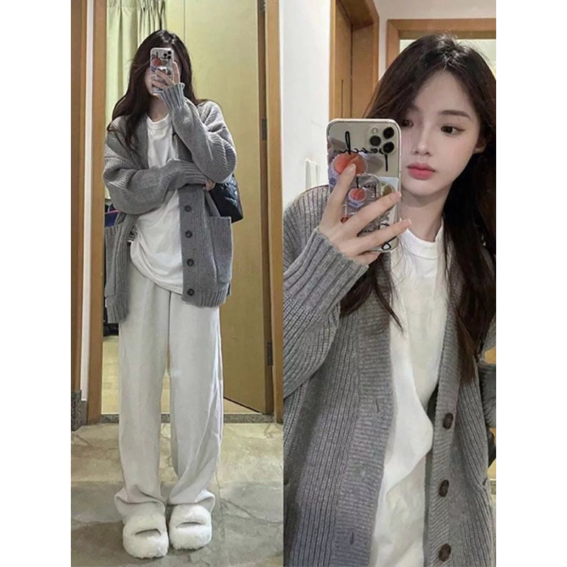 Áo cadigan len 2 màu xám - nâu tiểu thư , áo khoác ngoài len 2 màu siêu hot