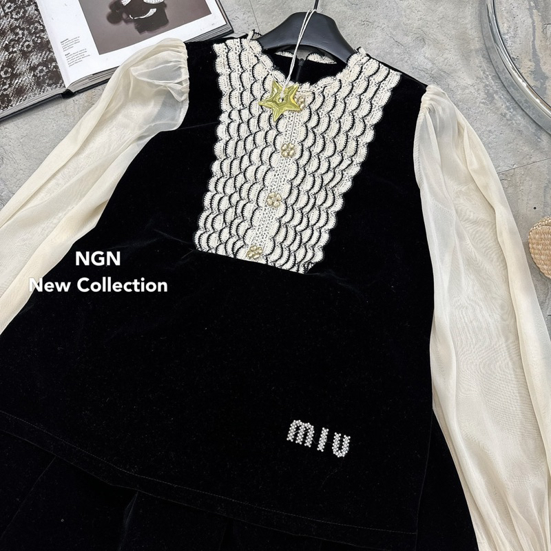 Sét áo sơ mi nhung miu.miu phối ren+chân váy