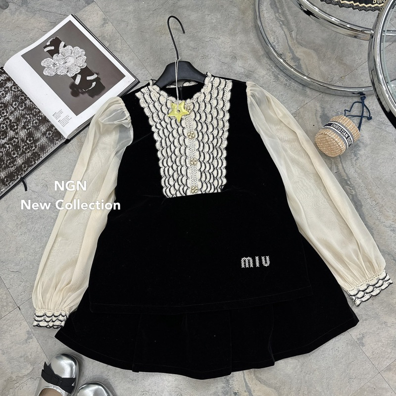 Sét áo sơ mi nhung miu.miu phối ren+chân váy