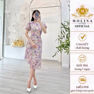 Đầm Dự Tiệc Ôm Body Nữ Molina Tà Xéo Tay Bồng Hoạ Tiết Sang Trọng, Chất Liệu Cao Cấp