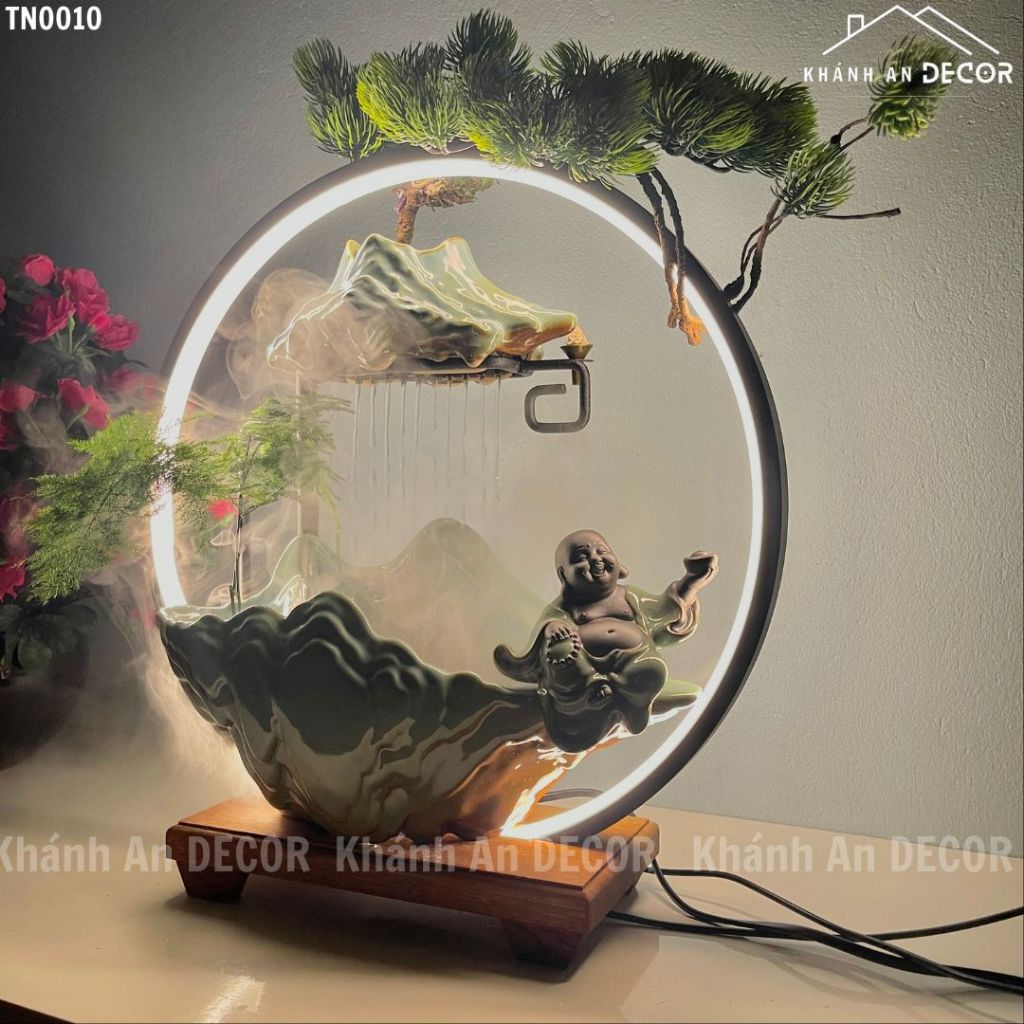 Thác nước phong thủy - Đài thưởng trầm phun nước kèm kệ đèn led cao cấp đủ size Khánh An DECOR