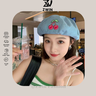 Mũ Nồi Thêu Cherry Nón Beret Chất Denim Mùa Đông Ấm Áp Form Unisex Nam Nữ N156 - Zwin Fashion
