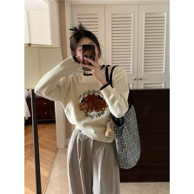 Áo len dài tay thêu gấu, áo sweater nữ dệt kim form rộng phong cách hàn quốc - OSAA DAILY