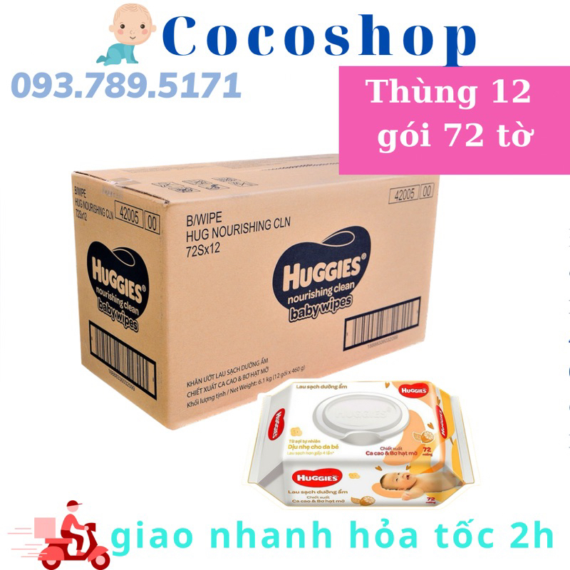 [ 1 thùng 12 gói] khăn ướt Huggies ca cao & bơ hạt mỡ 72 tờ