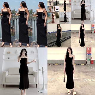 Đầm 2 dây nữ dáng dài chất tăm ôm body màu đen co dãn.Váy body nữ dáng dài đuôi cá thun gân ôm body hai dây hách dáng