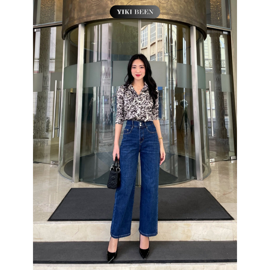 Quần Jeans Dáng Suông YIKI BEEN Quần Bò Lưng Cao Ống Rộng 2 Nút, Chất Jeans Cotton Co Giãn 2 Phong Cách Hàn Quốc