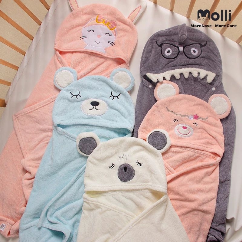 Molli. Khăn ủ choàng tắm có mũ/nón cho bé vải nhung san hô mềm mại thấm hút tốt