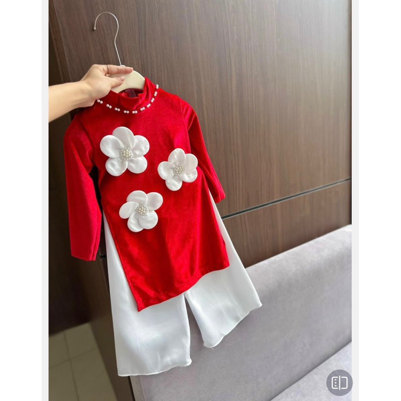 Bộ bé gái,Sét áo dài nhung 3 bông hoa + quần lụa cho bé 10 đến 30kg