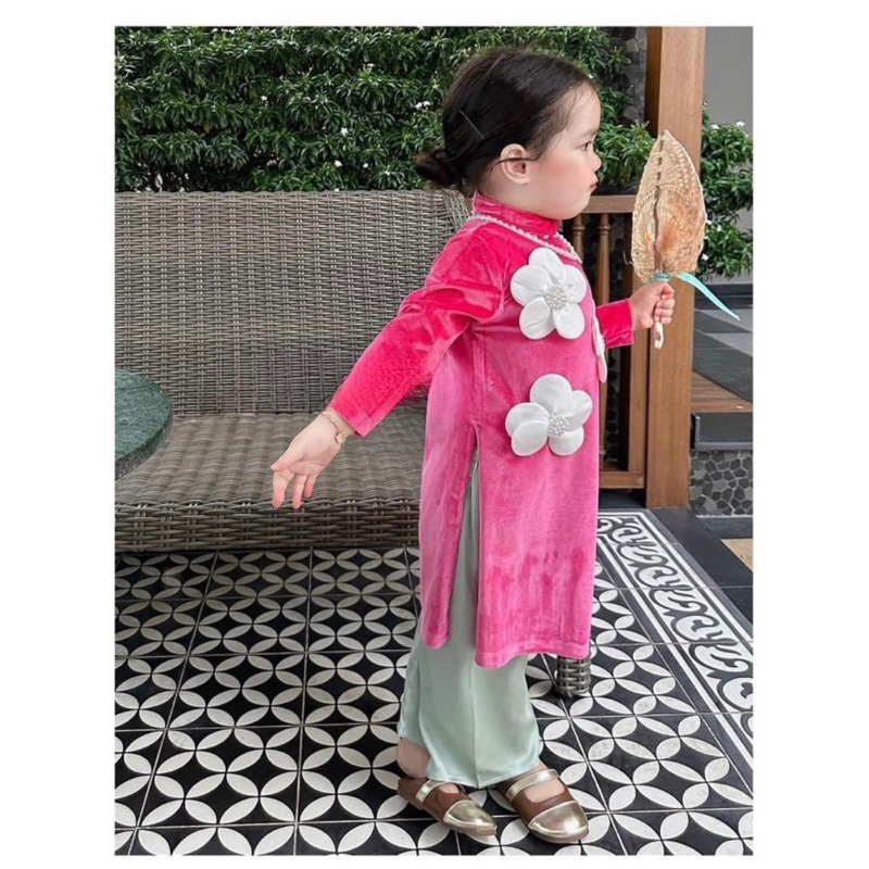 Bộ bé gái,Sét áo dài nhung 3 bông hoa + quần lụa cho bé 10 đến 30kg