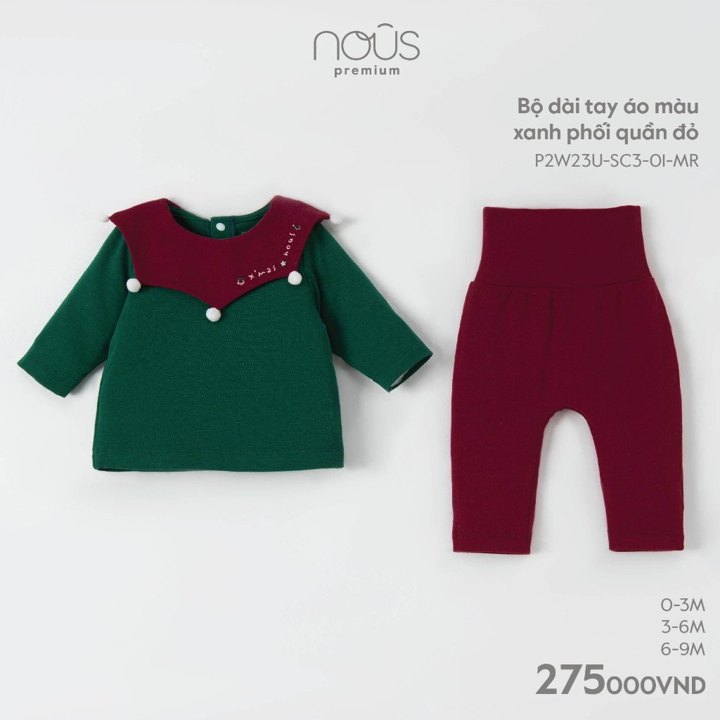 NOUS XMAS - Bộ dài áo màu xanh phối quần đỏ -  0M 3M 6M 1Y 2Y 3Y 4Y 5Y - Set đồ Noel Nous 2023