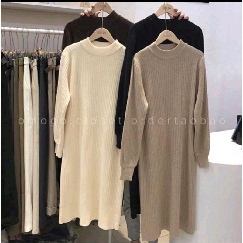 Đầm len nữ mùa đông cổ tròn tay bồng phồng bo tay.Váy suông nữ tăm hè thu len gân dáng dài form rộng hàn quốc
