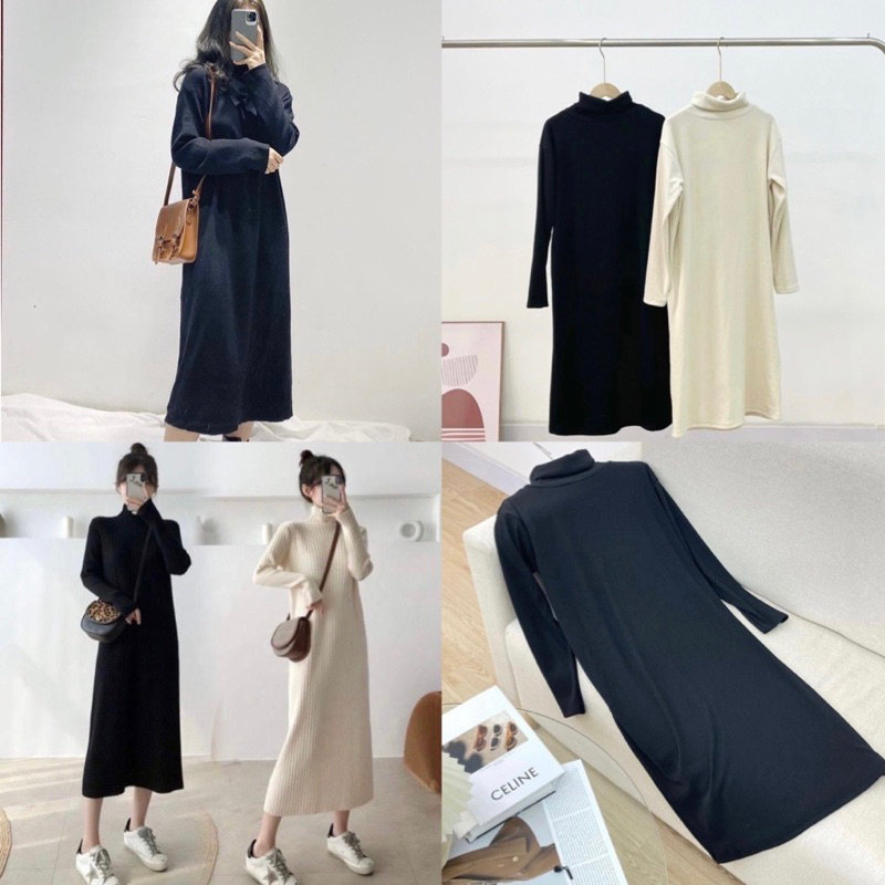 Váy suông len nữ dáng dài qua gối form rộng suông đầm len màu đen basic quảng châu.Váy len nữ tay bồng cổ tròn suông nữ