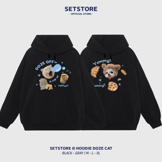 Áo Hoodie Nam Nữ Form Mũ Rộng Nỉ Bông Cotton Unisex, Áo Khoác Set Basic Tee Oversize Trend Thu Đông 2023 - Doze Off Cat