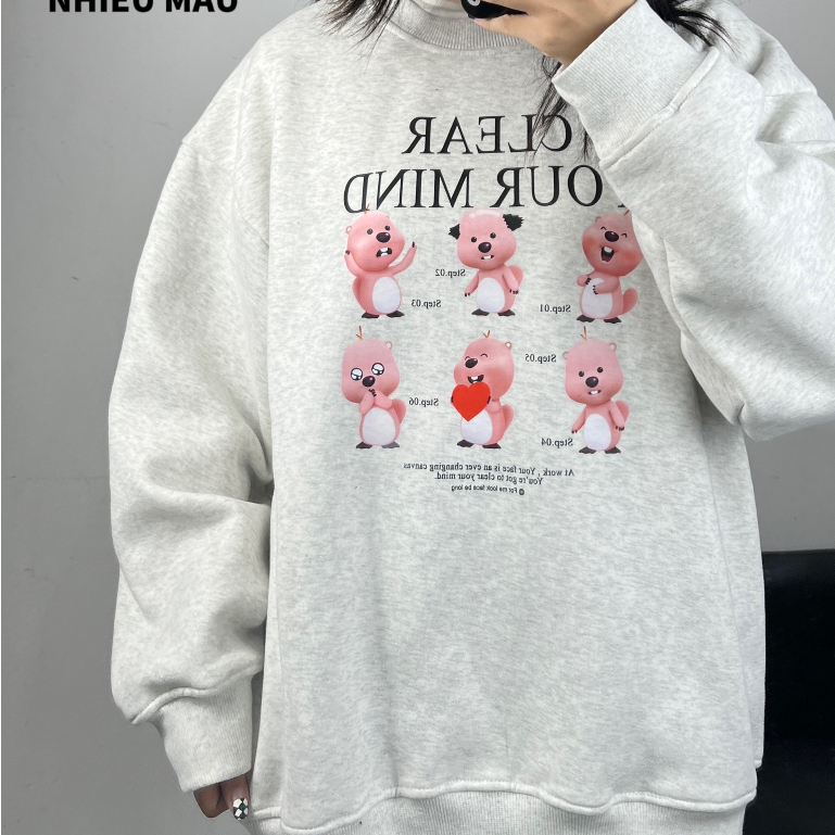 Áo Nỉ Sweater Xám Tiêu In Hình Nhiều Mẫu , Áo Sweater Nữ Nỉ Bông Form Rộng Unisex