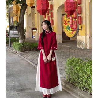 [Áo Dài Tết] Set Áo Dài Nhung Tăm Thêu Tay Dáng Xuông Phối Chân Váy Lụa
