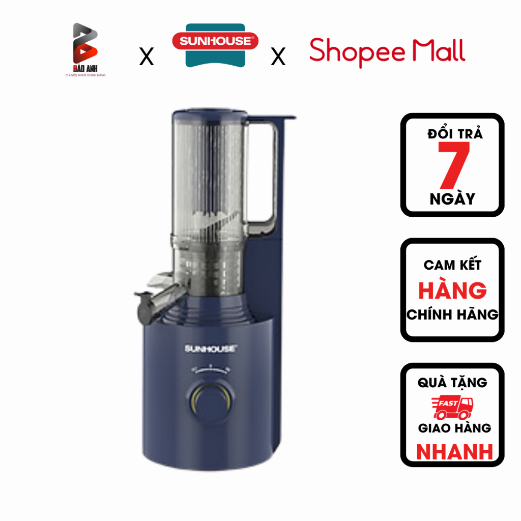 Máy ép chậm Sunhouse SHD5512, ép nước tối đa, 2 lưỡi lọc đa năng, BH 12T